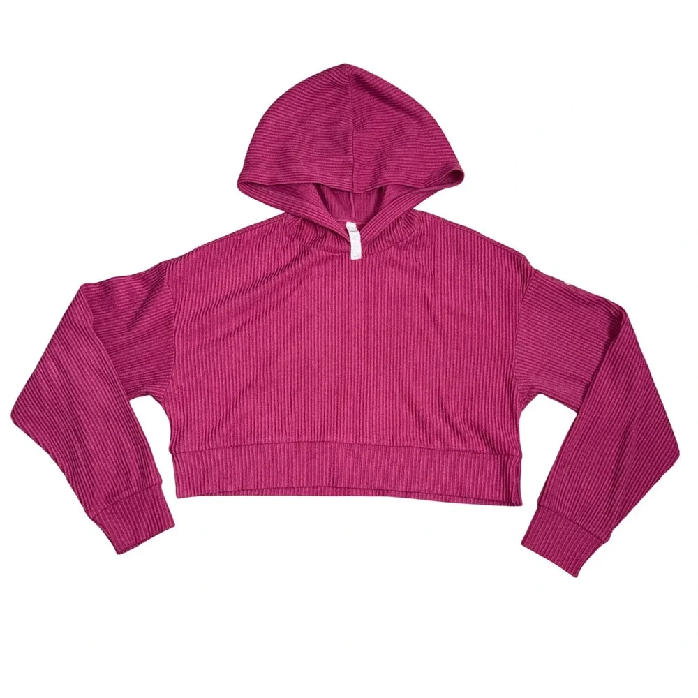 Alo Yoga Muse Ribbed Cropped Hoodie Women S Pink Magenta Excellent Ribbed Knit